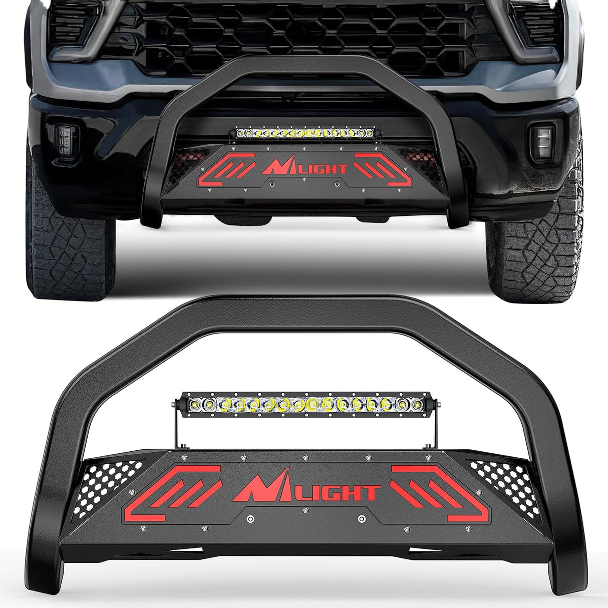 Bull Bar with Light fits 2019-2024 Chevy Silverado 1500(Excl. 19 LTD Classic) & GMC Sierra 1500(Excl. 19 LTD Classic) Front Bumper Grille Brush Push Guard with Skid Plate Licence Plate Hole