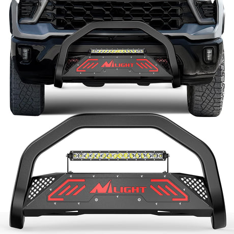 Bull Bar with Light fits 2019-2024 Chevy Silverado 1500(Excl. 19 LTD Classic) & GMC Sierra 1500(Excl. 19 LTD Classic) Front Bumper Grille Brush Push Guard with Skid Plate Licence Plate Hole