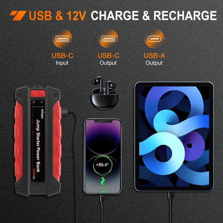 2000A Car Battery Jump Starter for Up to 8.0L Gas & 7.0L Diesel Engines 12V Portable Jump Start Booster Pack Jump Box with Jumper Cables DC Output and LED Light