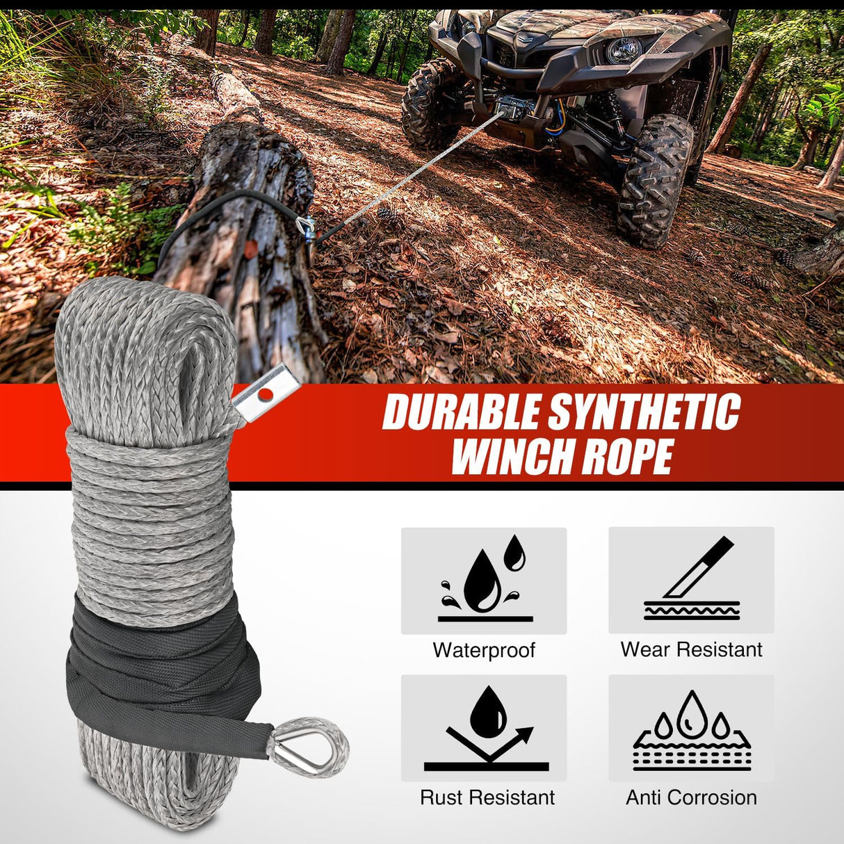 1/4 Inch x 50 Feet Synthetic Winch Line Cable Universal for ATV UTV 4x4 Off-Road Vehicle 9000 lbs Winch Line Ropes with Steel Hook Rubber Stopper Protective Sleeve Safety Strap, Grey