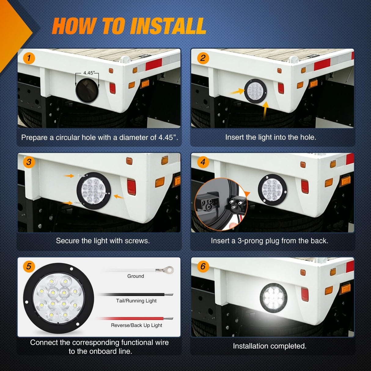 Trailer Tail Lights 2PCS 4Inch Round 12LED White Backup | IP67 Waterproof Screw Mount Marker Clearance Reverse Running Taillights for Trailer Truck Pickup Camper RV
