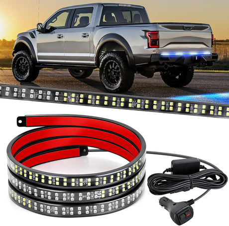 60 Inch Truck Tailgate Strobe Light Strip Tail Emergency Bar Rear Window Warning Lamp Ultra-Bright Double Row 360 LED for Pickup Trailers Construction Vehicles Car SUV, Blue White