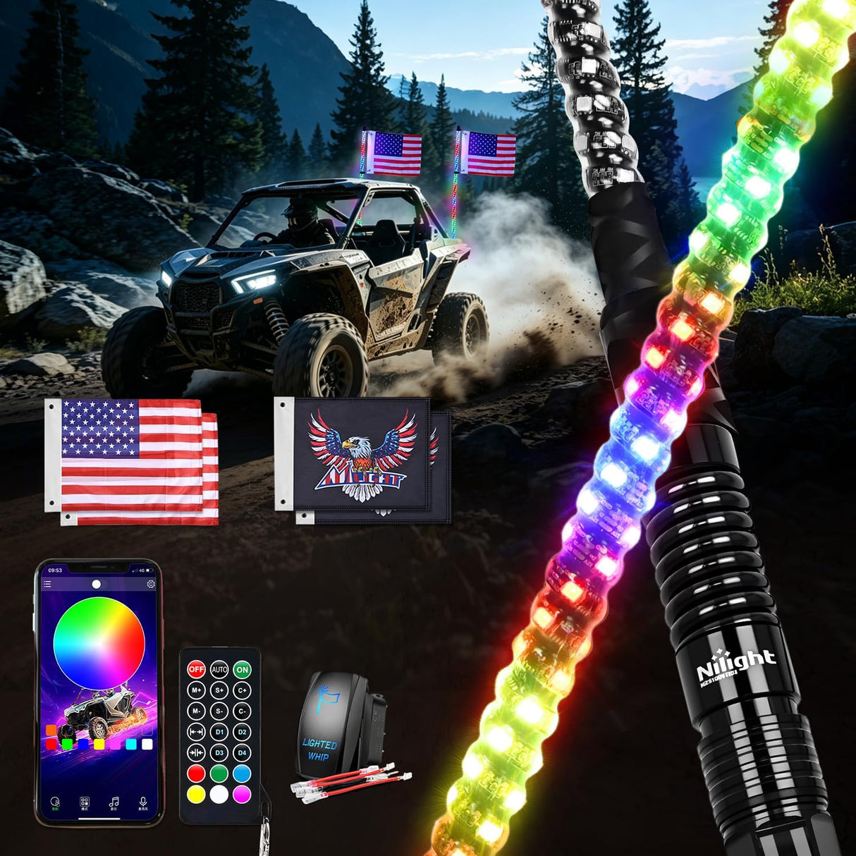 RGB LED Whip Light 2PCS 4FT Spiral Antenna Whips | APP and Remote Control with DIY Chasing Patterns Turn Signal Brake Reverse Functions and Spring Base for ATV UTV RZR and Jeep