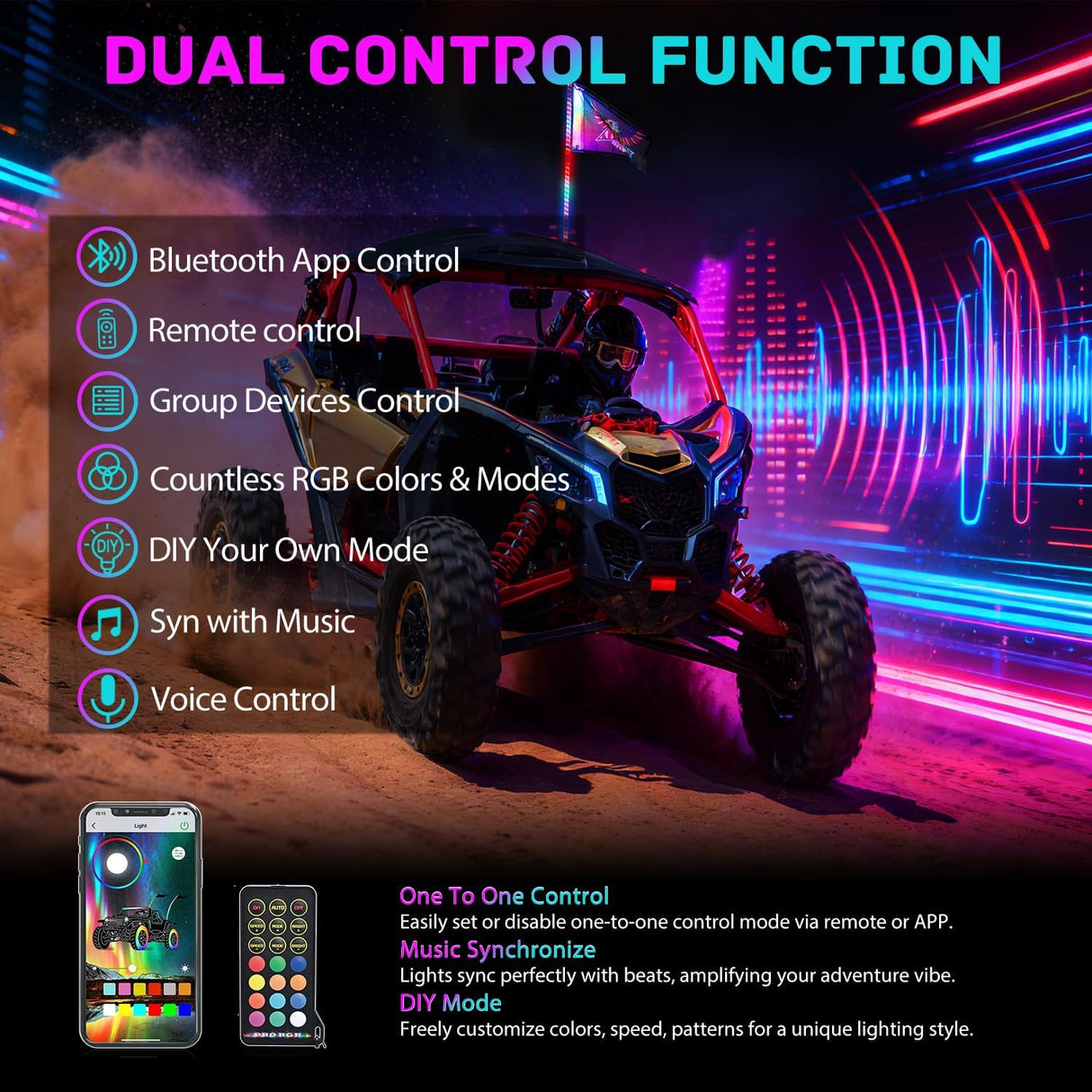 COB RGB LED Whip Light 1PC 4FT Spiral Lighted Antenna Whips | Bluetooth APP and Remote Control with DIY Chasing Patterns Music Sync and Spring Base for ATV UTV RZR Can Am and Truck