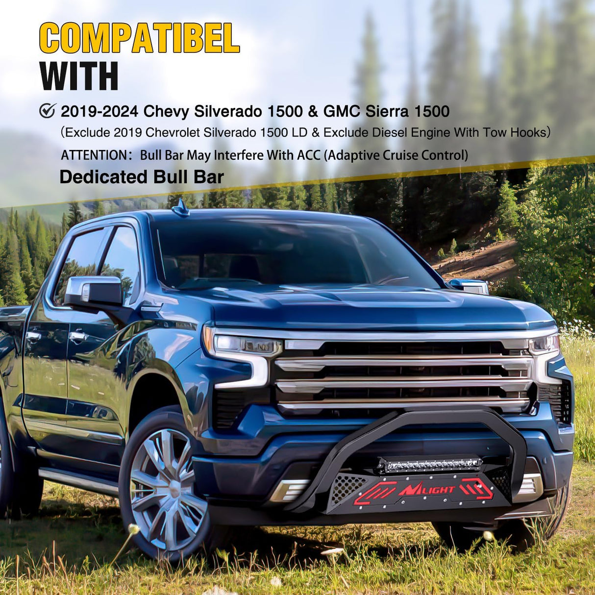 Bull Bar with Light fits 2019-2024 Chevy Silverado 1500(Excl. 19 LTD Classic) & GMC Sierra 1500(Excl. 19 LTD Classic) Front Bumper Grille Brush Push Guard with Skid Plate Licence Plate Hole
