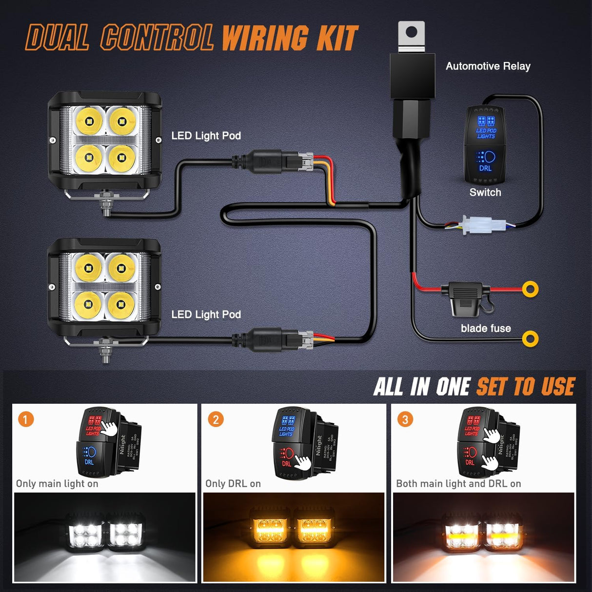 Side Shooter LED Light Pods with Amber DRL 4 Inch 26 W Spot Flood Combo LED Cubes Light w/ 16AWG Wiring Kit for Offroad Driving Fog Light Auxiliary Light on Truck ATV UTV