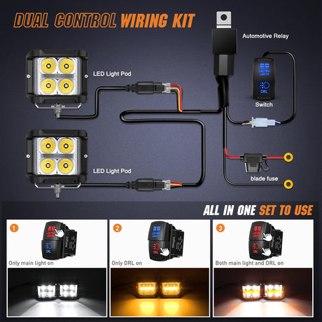 Side Shooter LED Light Pods with Amber DRL 4 Inch 26 W Spot Flood Combo LED Cubes Light w/ 16AWG Wiring Kit for Offroad Driving Fog Light Auxiliary Light on Truck ATV UTV