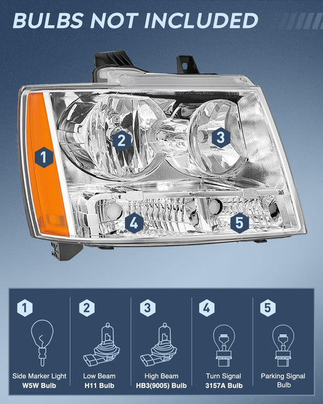 Headlight Assembly for 2007 2008 2009 2010 2011 2012 2013 2014 Chevy Avalanche Tahoe Suburban 1500 2500 Replacement Headlamp Bumper Lamp Set Chrome Housing Amber Reflector