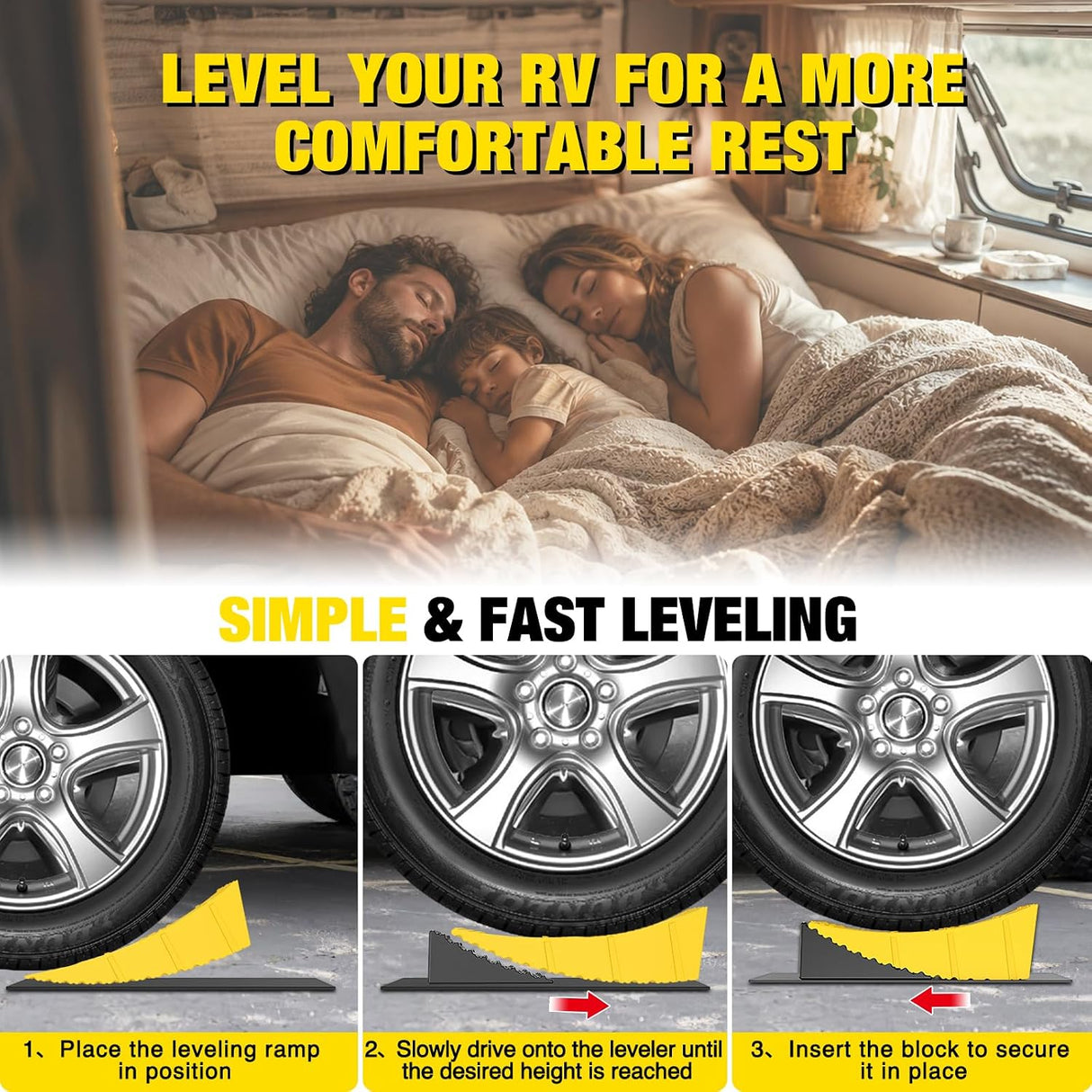 RV Levelers 2 Pack, Curved Camper Leveler with Chocks, Up to 35,000lbs | 1/2 Inch–4 Inch Leveling, Campers / Trailers / Motorhomes, Portable, Helping make RV leveling faster and easier