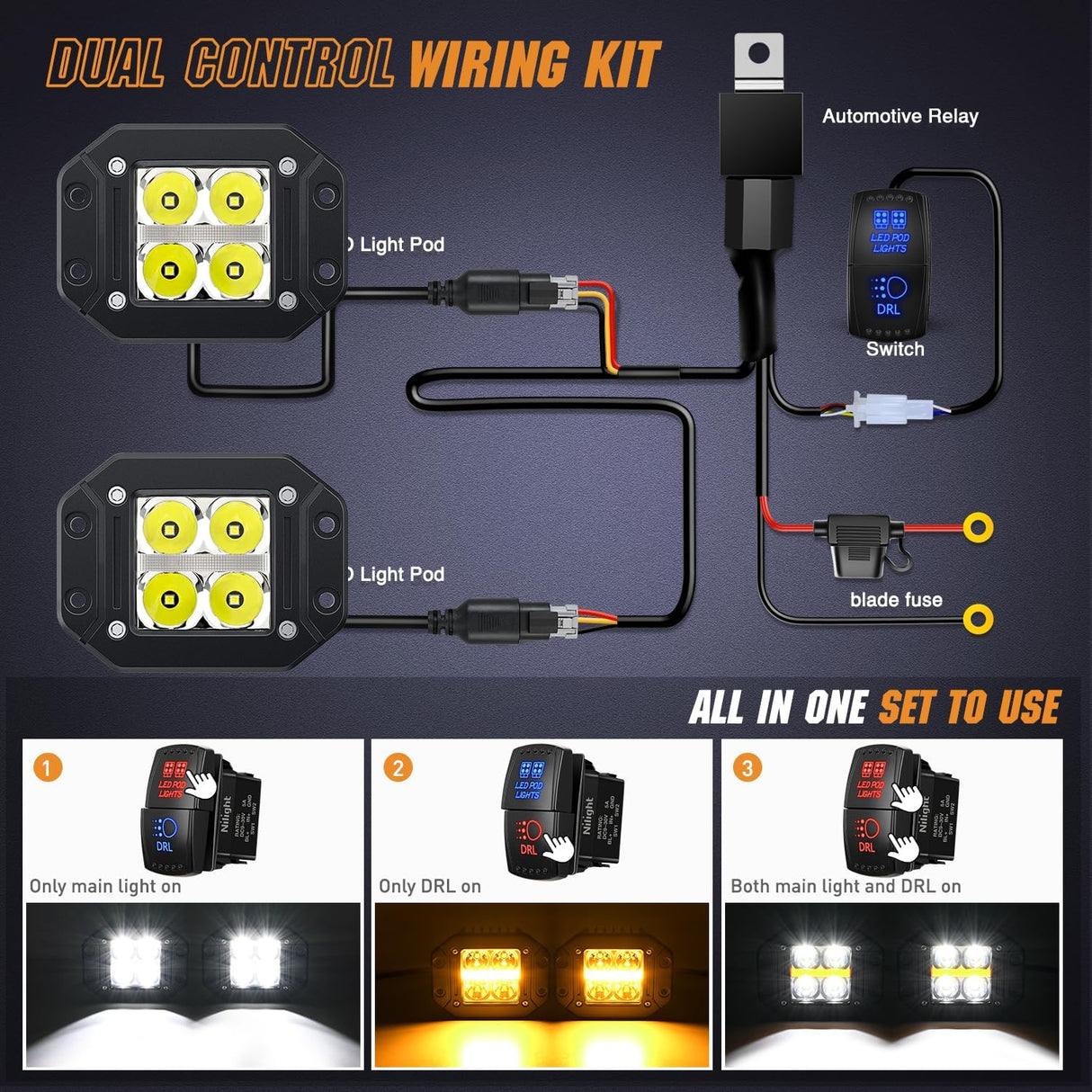 Flush Mount LED Pod Lights with Amber DRL 2PCS 4.8Inch Spot Beam 20W 2510LM Backup Reverse Offroad Driving Light w/ 16AWG Wiring kit for4x4 Truck SUV Jeep