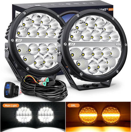 LED Offroad Driving Lights with Amber DRL 2PCS 7 Inch Round 90W IP68 Spot Flood Combo Work Light Bar with 12 AWG DT Connector Wiring Harness Kit for 4x4 Truck ATV UTV SUV