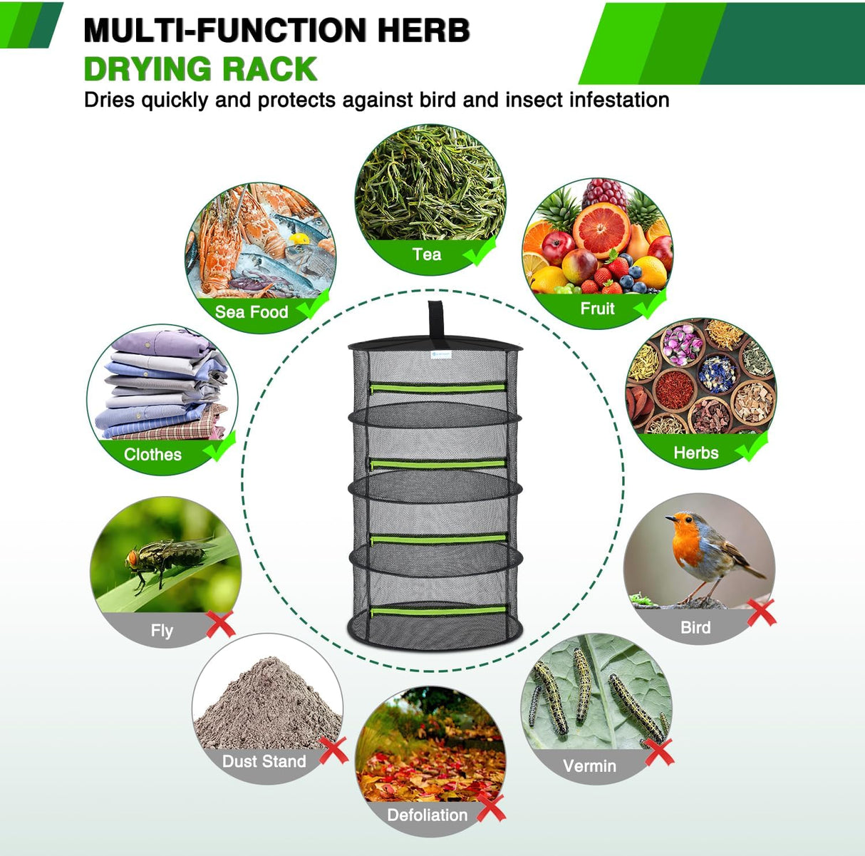 4 Layer Herb Drying Rack Hanging Mesh Net Foldable Plant Drying Racks 24 Inch w Green Zipper Pruning Shears Hook Dryer Hanging Rack for Herbs Seed Bud Fruit Clothes Grow Tent Closets Garden Outdoor