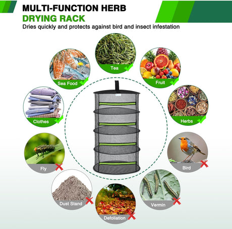 4 Layer Herb Drying Rack Hanging Mesh Net Foldable Plant Drying Racks 24 Inch w Green Zipper Pruning Shears Hook Dryer Hanging Rack for Herbs Seed Bud Fruit Clothes Grow Tent Closets Garden Outdoor