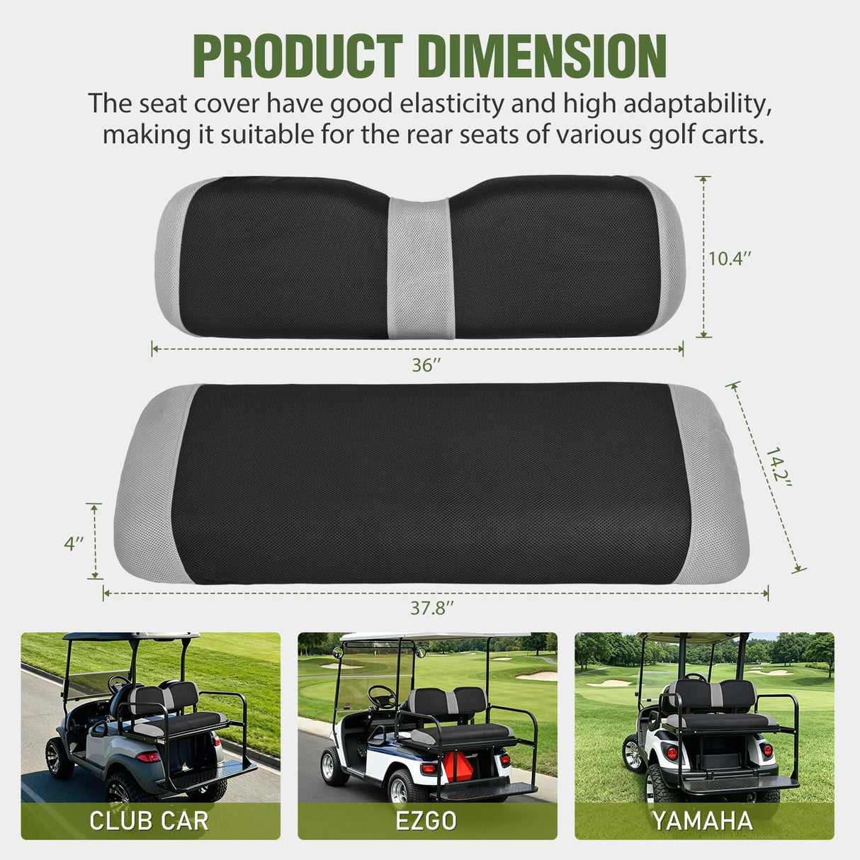 Golf Cart Rear Seat Cover 1PC Grey Black Club Car EZGO Yamaha | Breathable Sandwich Mesh Sun Scratch Resistant Washable No Staple Fits Aftermarket Rear Seats for Club Car EZGO Yamaha