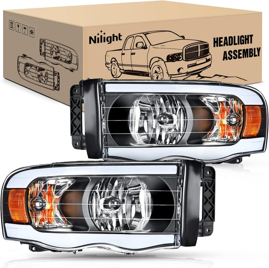 2002-2005 Dodge Ram 1500/2003-2005 Dodge Ram 2500 3500 Headlight Assembly Black Case Amber Reflector Nilight
