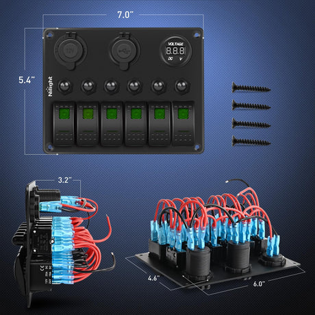 6 Gang Rocker Switch Panel Waterproof Pre-Wired Aluminum Panels with PD Type C and USB Cigarette Lighter Socket Voltmeter 12V 24V ON Off Switches for Car Trucks Boats RVs Green
