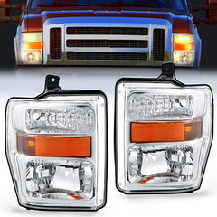 2008-2010 Ford F250 F350 F450 Super Duty Headlight Assembly Chrome Housing Amber Reflector Upgraded Clear Lens