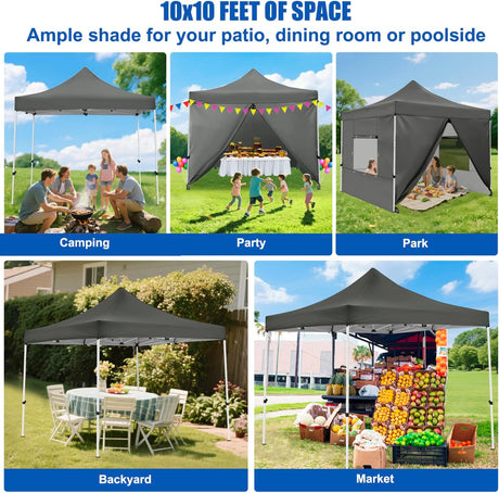10x10 Pop Up Canopy Tent with 4 Sidewalls Portable Folding Outdoor Canopy Easy Setup Gazebo Waterproof Instant Popup Shelter Tent w Wheeled Carry Bag sandbags for Events Parties Camping, Gray