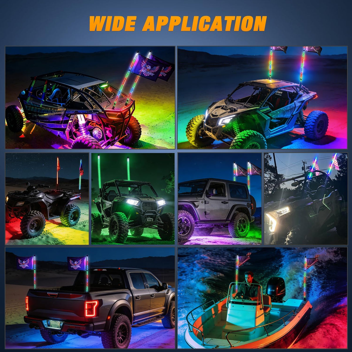 RGB LED Whip Light 2PCS 4FT with 6 Rock Lights Combo | APP and Remote Control with DIY Chasing Patterns Stop Turn Reverse Modes and Spring Base for ATV UTV RZR and Jeep
