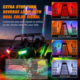 RGB LED Whip Light 2PCS 4FT with 8 Rock Lights Combo | APP and Remote Control with DIY Chasing Patterns Turn Signal Brake Reverse Functions and Spring Base for ATV UTV Jeep