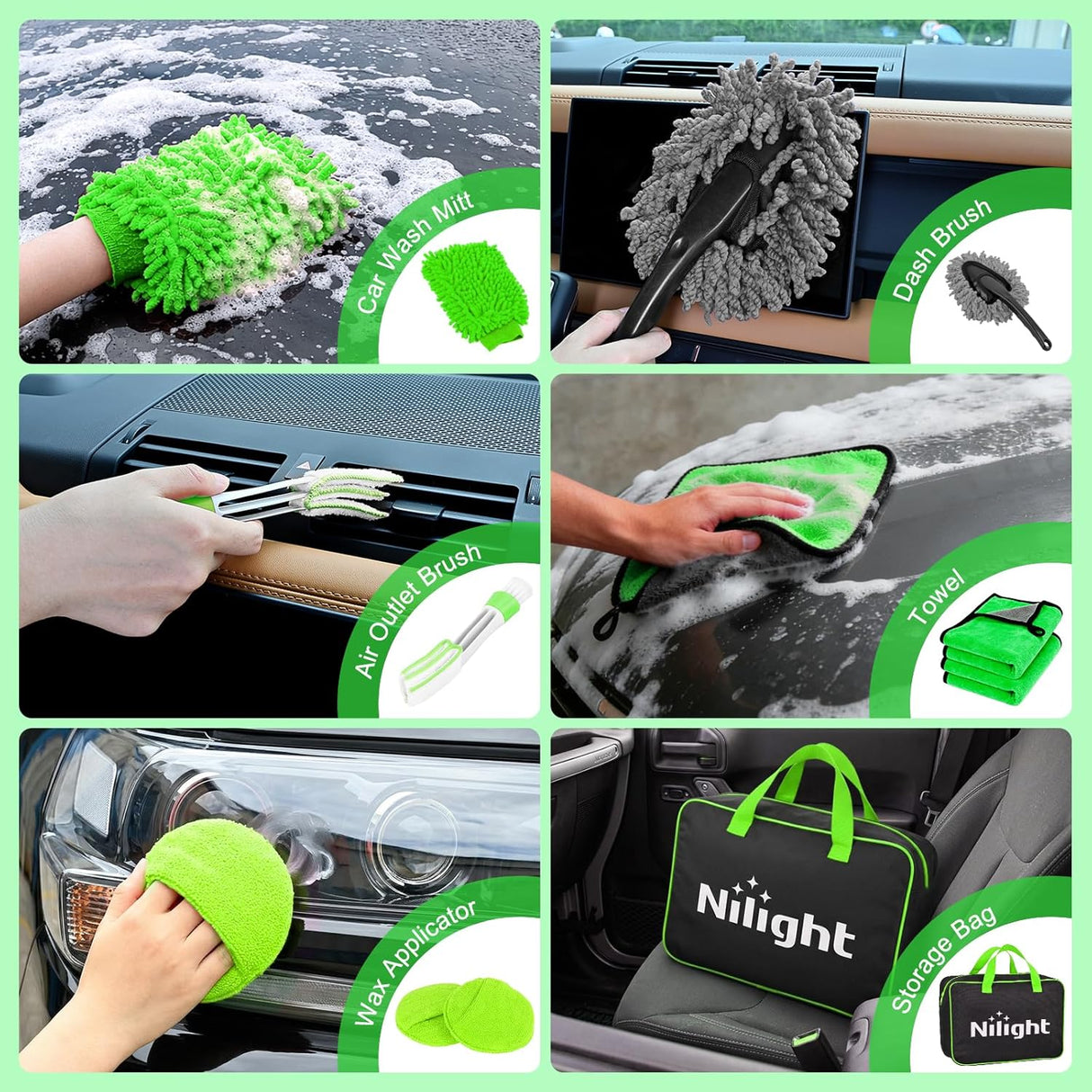 Automotive Tools 27PCS Car Detailing Kit Auto Cleaning Tools Wash Set with Storage Carry Bag Home Use for Interior Exterior Deep Clean Polish Car Care Windshield Dashboard Seat Air Vents Wheels Tires, Green