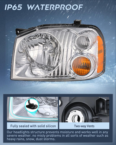 Headlight Assembly Compatible with 2001 2002 2003 2004 Nissan Frontier XE OE Style Replacement Halogen Headlights Chrome Housing Amber Reflector Headlamp Passenger and Driver