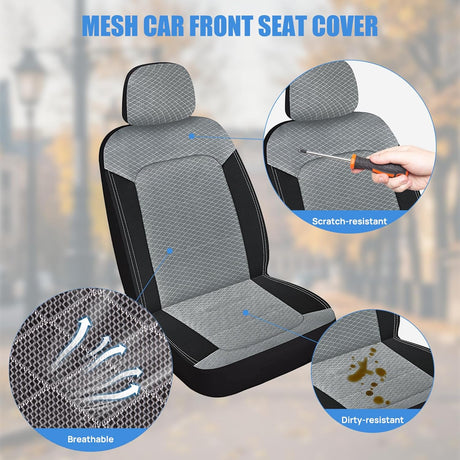 Car Seat Cover 2PCS Black Grey Breathable Mesh Interior Covers with Removable Headrest Airbag Compatible Universal for Cars Truck and SUV Front Seats
