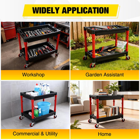 2-Tier Rolling Utility Cart with 4 Inch Swivel Wheels, Heavy-Duty Plastic Tool Cart for Auto Detailing, Garage & Workshop
