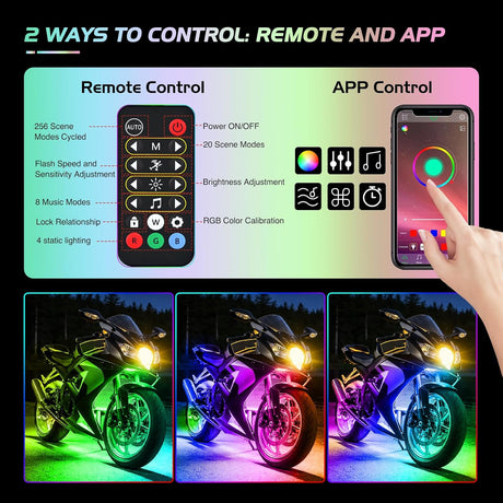 8PCS Motorcycle Dream Color LED Strip Lights Kit Waterproof Multicolor Atmosphere Neon Accent Lights Pods Lamp APP and Remote Control Underbody Strips for Harley Davidson Honda Kawasaki Suzuki