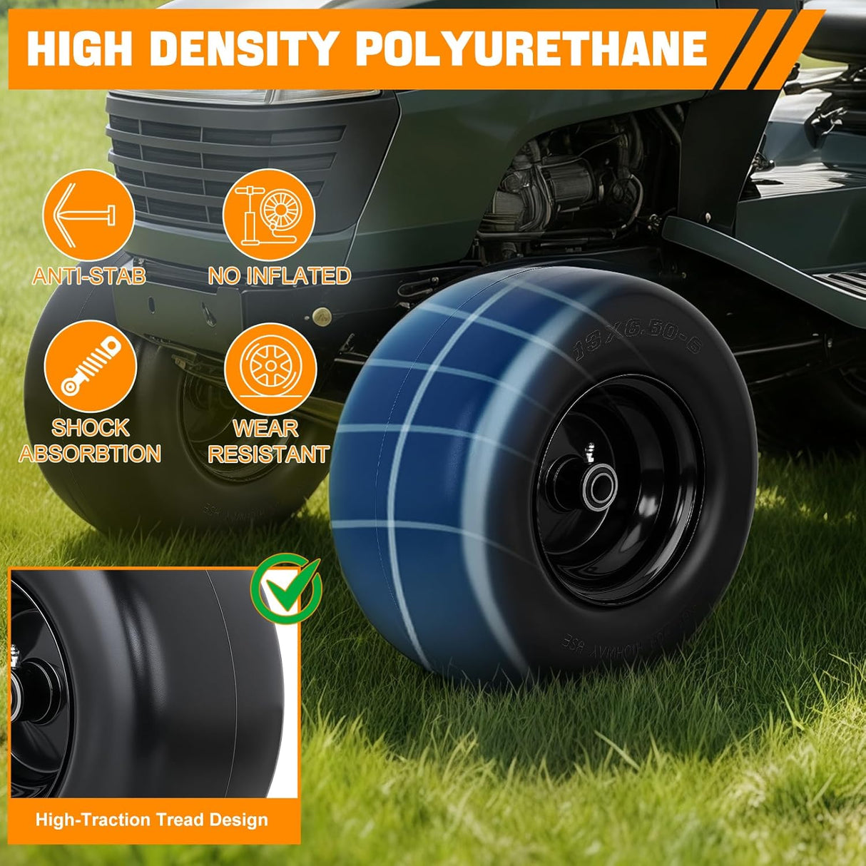 13x6.50-6 Solid Lawn Mower Tires, 13 Inch Flat-Free Polyurethane Tire with 3/4 Inch Axle Bore & 3.25 Inch Hub Length, Airless Replacement Wheels for Riding Lawn Mowers, 2 Pack