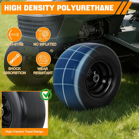 13x6.50-6 Solid Lawn Mower Tires, 13 Inch Flat-Free Polyurethane Tire with 3/4 Inch Axle Bore & 3.25 Inch Hub Length, Airless Replacement Wheels for Riding Lawn Mowers, 2 Pack