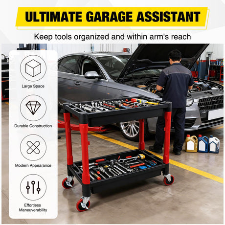 2-Tier Rolling Utility Cart with 4 Inch Swivel Wheels, Heavy-Duty Plastic Tool Cart for Auto Detailing, Garage & Workshop