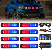8PCS Led Strobe Lights with Controller 12V 24V Sync Feature Red Blue Strobe Light 12 LED Surface Mount Emergency Hazard Warning Lights with Strobe Controller for Vehicle Car Truck RV ATV