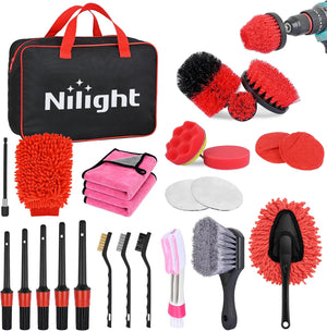 27PCS Car Detailing Kit Auto Cleaning Tools Wash Set with Storage Carry Bag Home Use for Interior Exterior Deep Clean Polish Car Care Windshield Dashboard Seat Air Vents Wheels Tires, Red