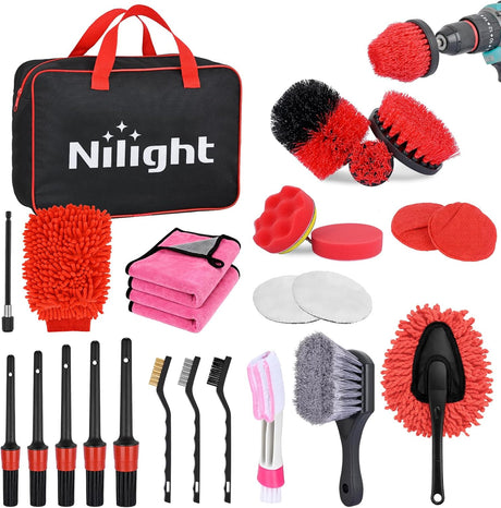 Automotive Tools 27PCS Car Detailing Kit Auto Cleaning Tools Wash Set with Storage Carry Bag Home Use for Interior Exterior Deep Clean Polish Car Care Windshield Dashboard Seat Air Vents Wheels Tires, Red