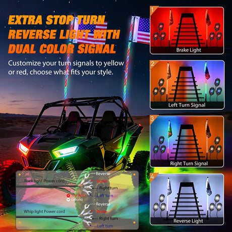 2PCS 4FT RGB LED Whip Light with Spring Base and 6 PCS Rock Lights Combo, Remote App Control w/DIY Chasing Patterns Turn Signal Brake Reverse Antenna Lighted Whips for ATV UTV Polaris RZR Jeep