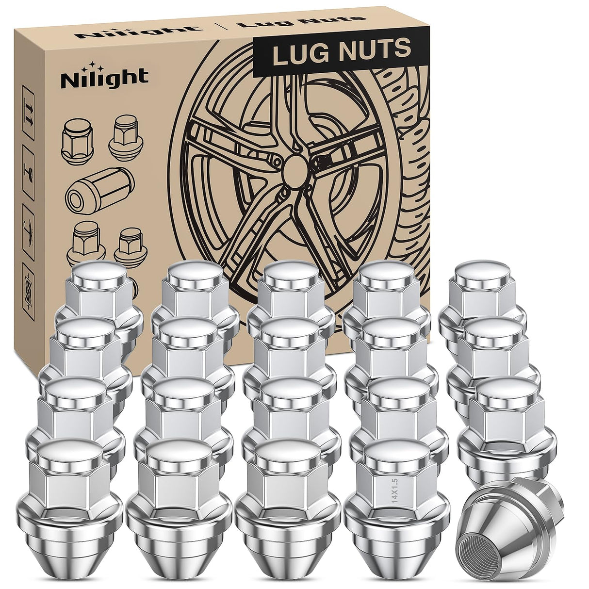 20PCS M14x1.5 Lug Nuts Compatible with 2015-2023 Ford Mustang/Edge | for 2020-2023 Explorer 2022-2023 Maverick One-Piece Solid Chrome Steel OEM Factory Wheel Nuts Replace