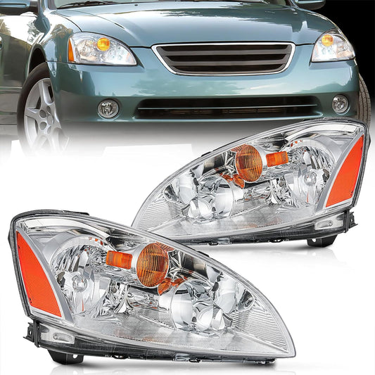 2002-2004 Nissan Altima Headlight Assembly Chrome Housing Amber Reflector Clear Lens Nilight