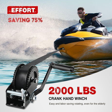 Boat Trailer Winch 2000 Lbs Hand Crank Winch Heavy Duty Boat Winches with 23Ft Strap Rope Hook 2-Way Ratchet 4:1 Gear Portable Marine Manual Winch for Trailers Boats RV ATV Jet Ski Towing