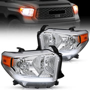 Headlight Assembly Compatible with 2014 2015 2016 2017 2018 2019 2020 2021 Toyota Tundra Chrome Housing Amber Reflector Clear Lens Bumper Headlamps Replacement Driver and Passenger Side