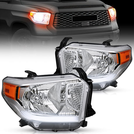 Headlight Assembly Compatible with 2014 2015 2016 2017 2018 2019 2020 2021 Toyota Tundra Chrome Housing Amber Reflector Clear Lens Bumper Headlamps Replacement Driver and Passenger Side
