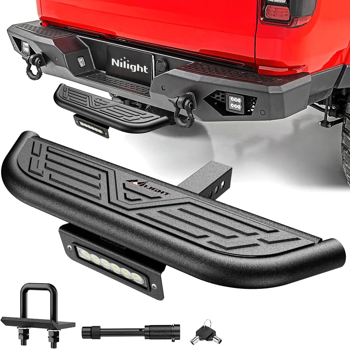 Hitch Step 2 Inch Receiver Universal with LED Light, Pin Lock and U-Bolts Stabilize,Rear Bumper Guard for Pickups Trucks Vans SUVs ATVs