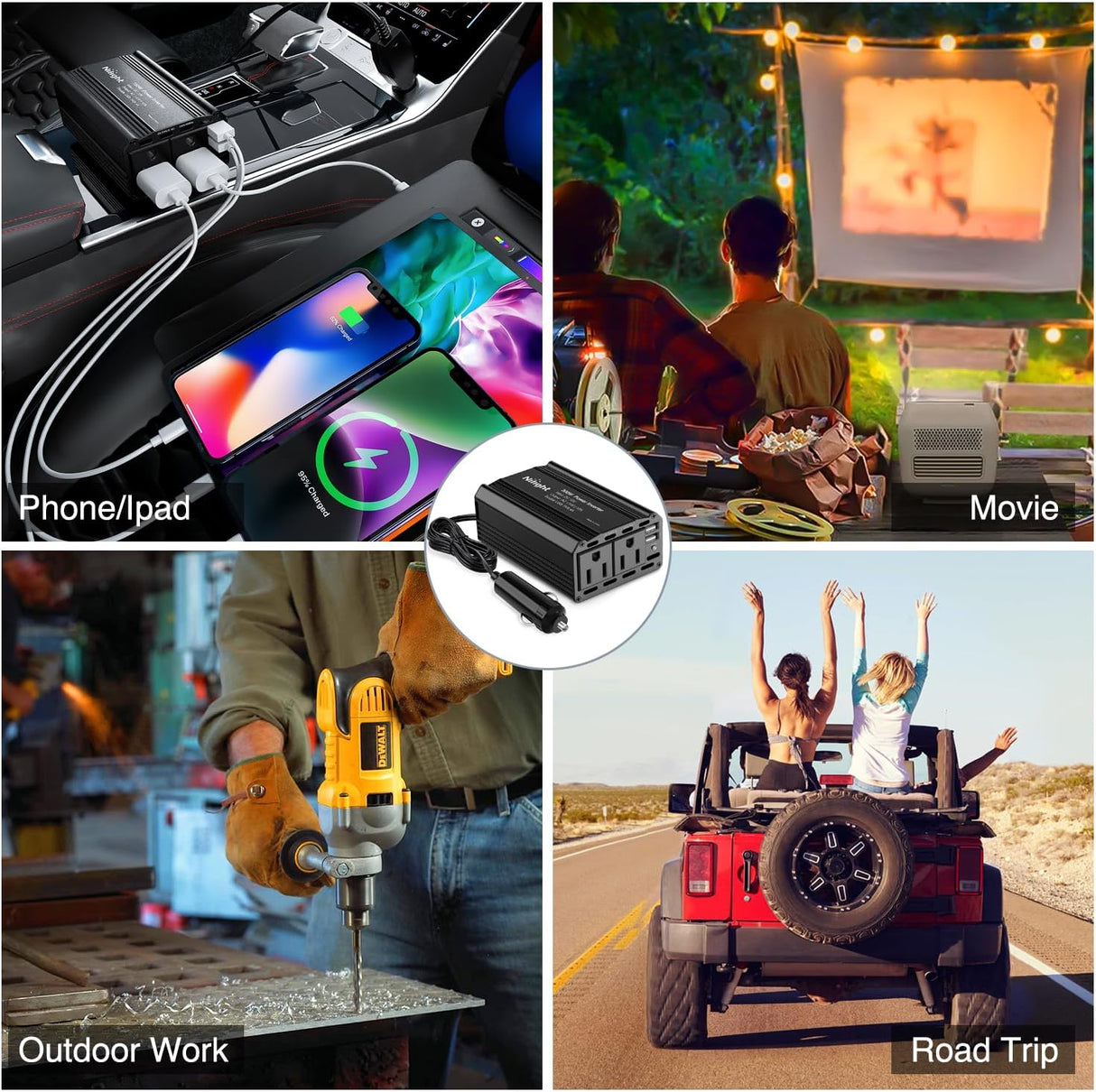 300W Power Inverter 12V DC to 110V AC Car Charger Converter with 5.4A Dual USB Ports and 2 AC Outlets for Phones Tablets Laptop Computer Game Console Kindle iPad DVD Players Black