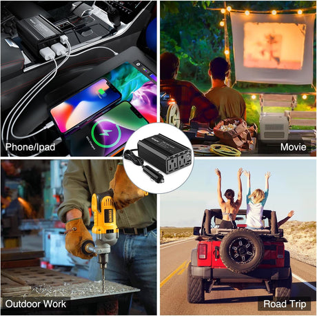 300W Power Inverter 12V DC to 110V AC Car Charger Converter with 5.4A Dual USB Ports and 2 AC Outlets for Phones Tablets Laptop Computer Game Console Kindle iPad DVD Players Black