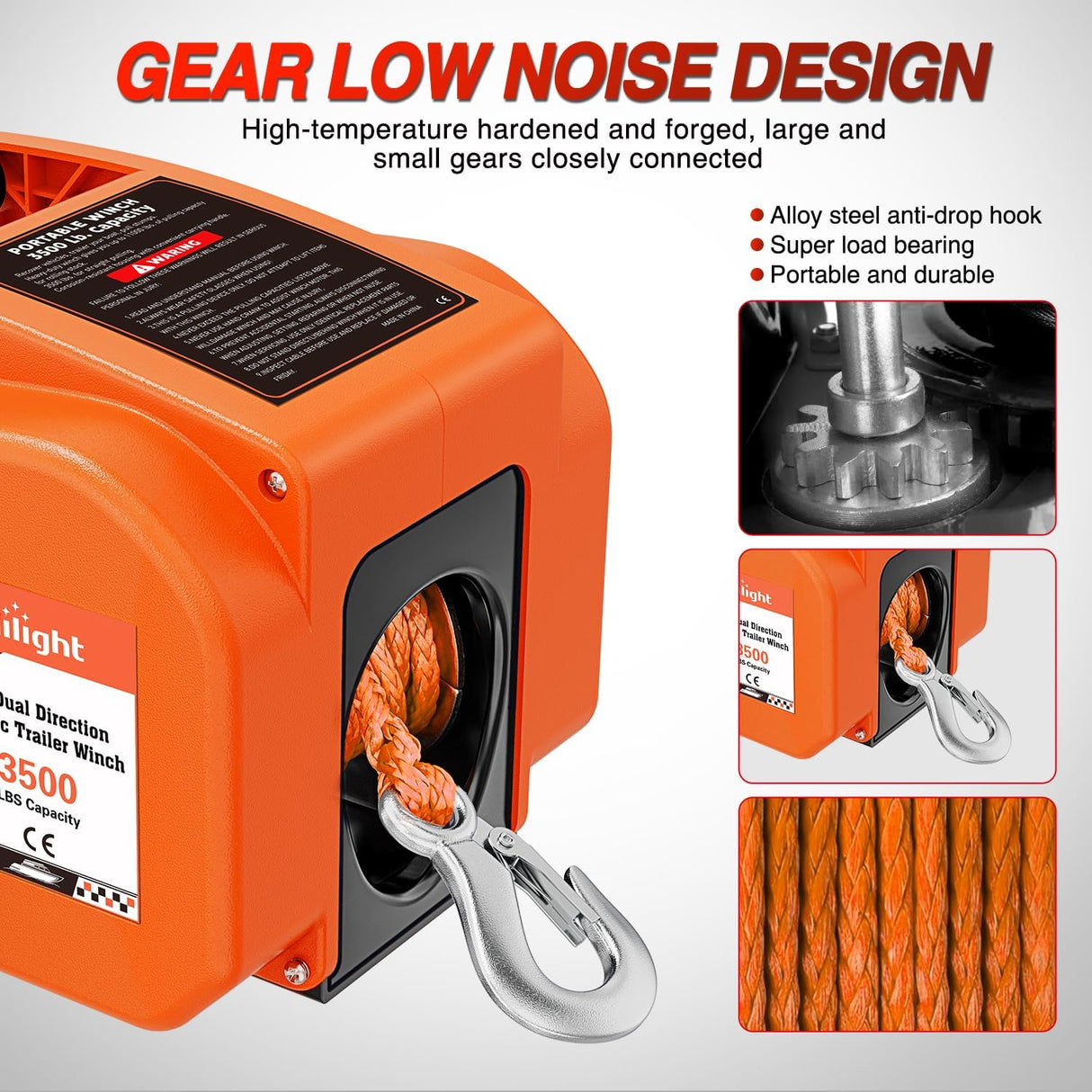 Boat Trailer Winch 3500 lbs Portable Electric Boat Winches 12 V DC Marine Winch with Synthetic Rope Remote Control Hand Crank Power-In Freewheel Waterproof Winch for Boat Trailer Towing Orange