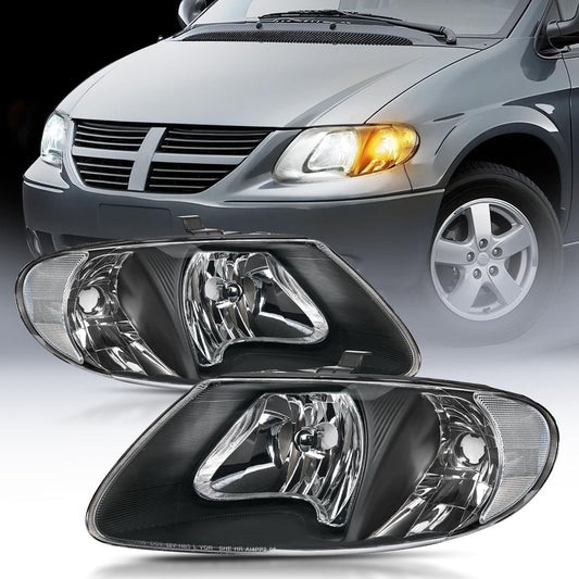 2001-2007 Chrysler Town & Country 2001-2003 Voyager 2001-2007 Dodge Grand Caravan Headlight Assembly Black Case Clear Reflector Nilight