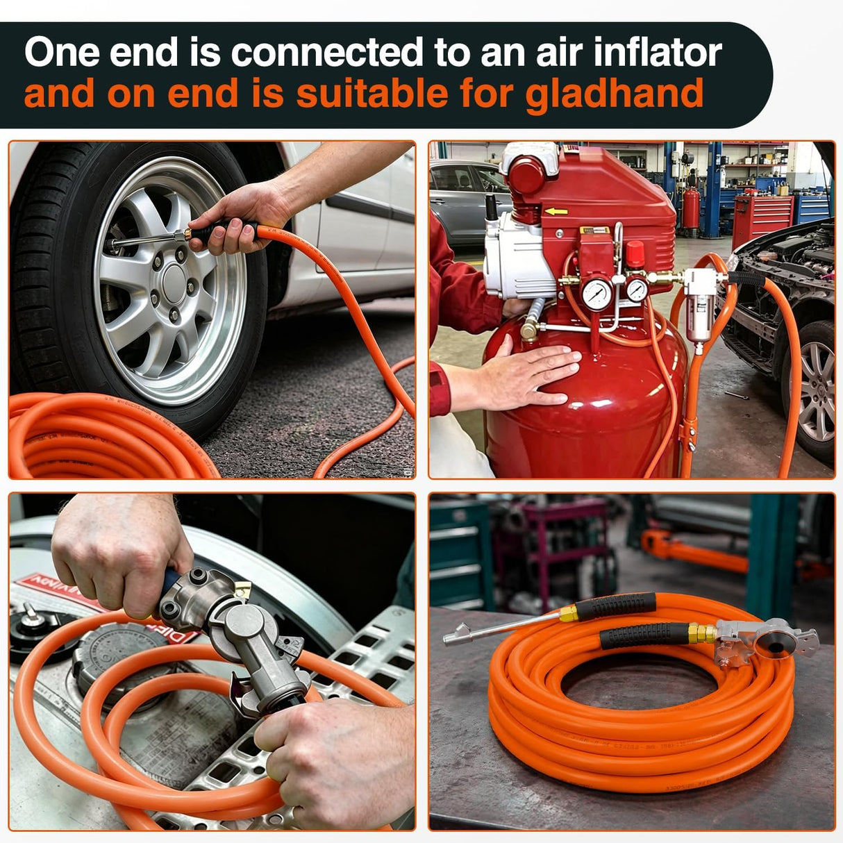 Heavy Duty Truck Tire Inflator Kit 3/8 in x 50 FT 300 PSI | Hybrid Air Hose with Universal Glad Hand and Air Chuck Lightweight Kink Resistant Semi Trailer Tractor Tire Inflation Hose