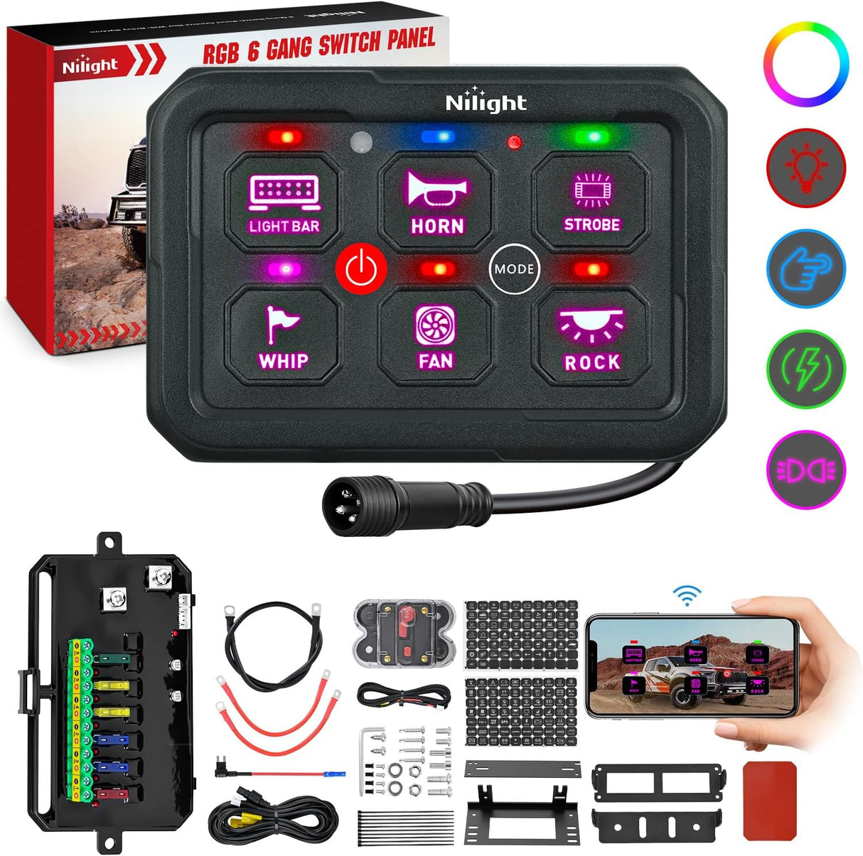 6 Gang Switch Panel Circuit Control Relay System APP RGB Backlight Fuse Wiring Harness Toggle Momentary Strobe Flash Modes Automatic Dimmable 12V 24V for Car Truck Camper SUV
