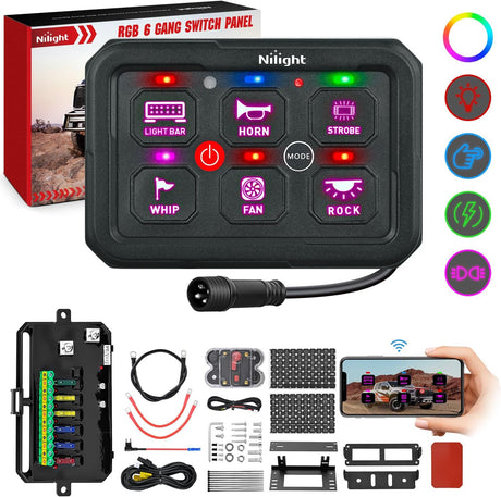 6 Gang Switch Panel Circuit Control Relay System APP RGB Backlight Fuse Wiring Harness Toggle Momentary Strobe Flash Modes Automatic Dimmable 12V 24V for Car Truck Camper SUV