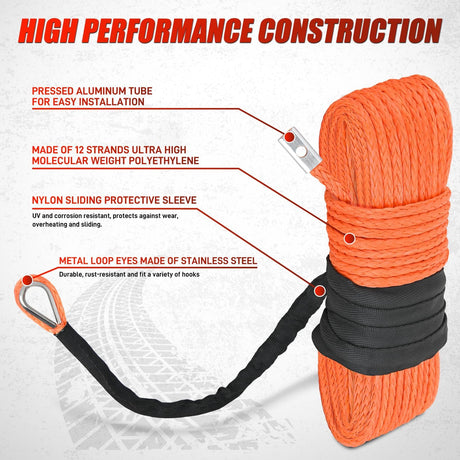 1/4 inch x 50 ft Synthetic Winch Line Cable Kit - Universal for ATV, UTV, 4x4 Off-Road Vehicle - 9000 lbs Winch Line Ropes with Steel Hook, Rubber Stopper, Protective Sleeve, Safety Strap, Orange